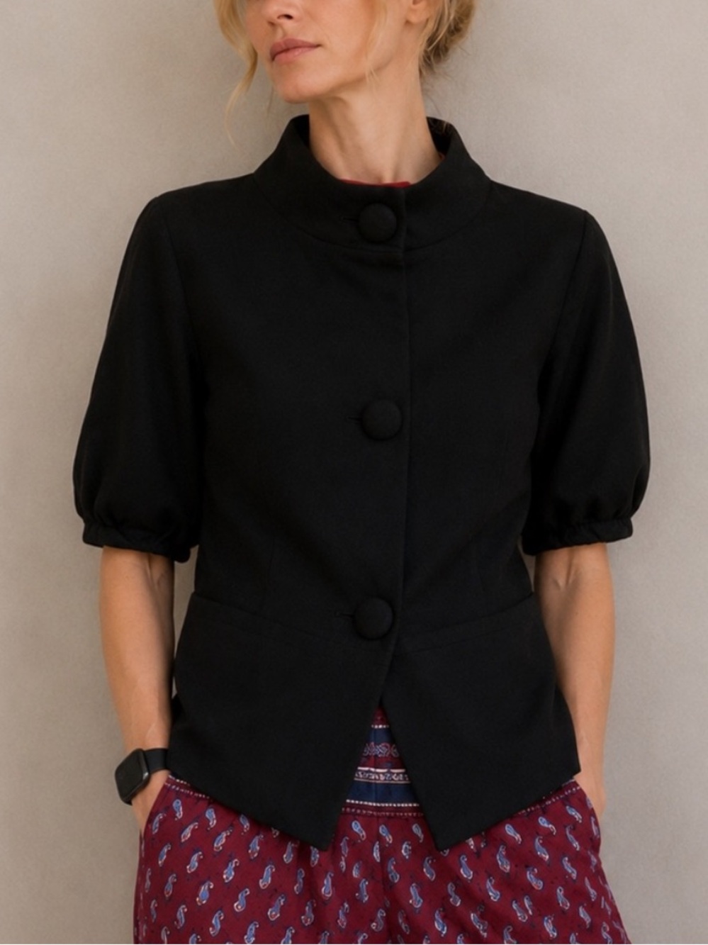 Vintage Worthington Black Crop Mod Short Sleeve Lined Trapeze Blazer Size Medium